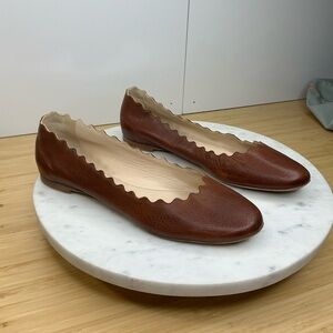 Chloe Size 40.5 Lauren Ballerina Scalloped Leather Flat Chestnut Cognac Brown